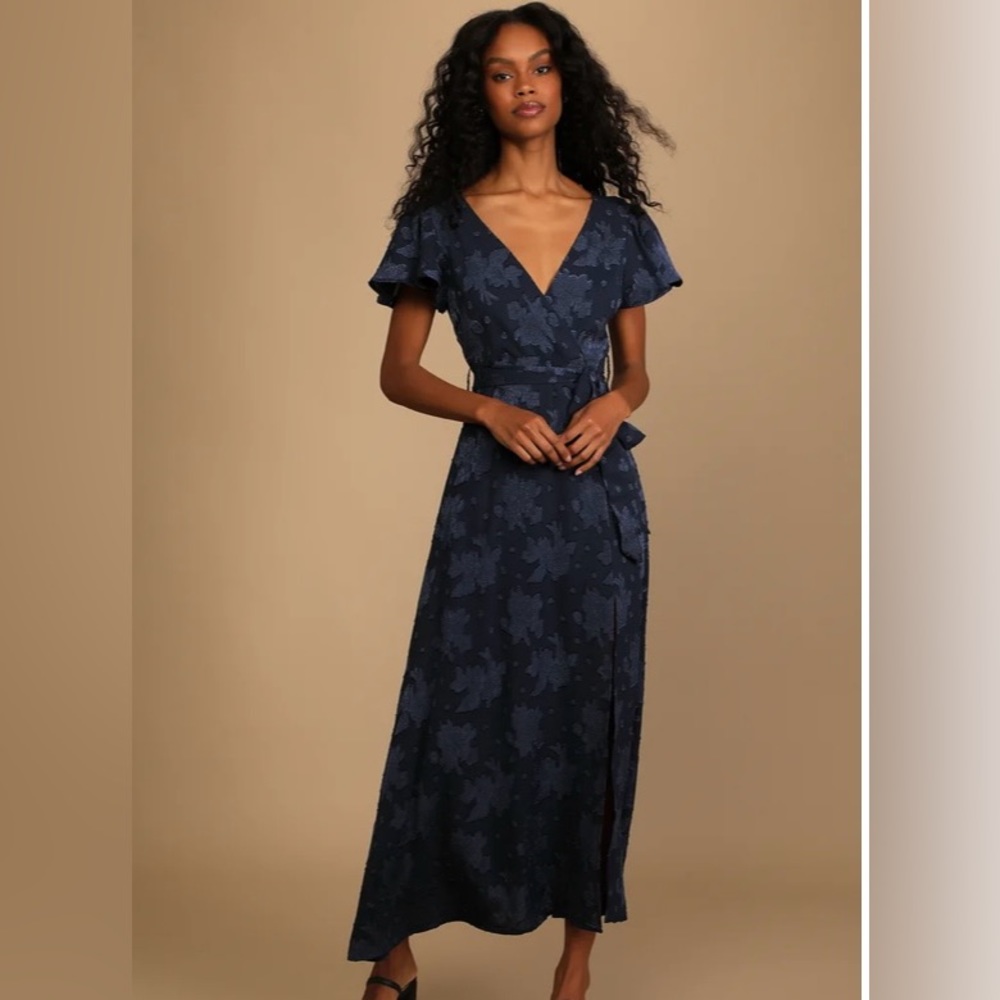 Lulus Compelling Love Navy Blue Jacquard Short Sleeve Maxi Dress XS